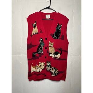 Vintage Cat sweater vest Susan Bristol Y2K 1995 Red Large